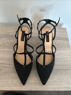 INC International Concepts Black Studded Pointed Toe Strappy Heels